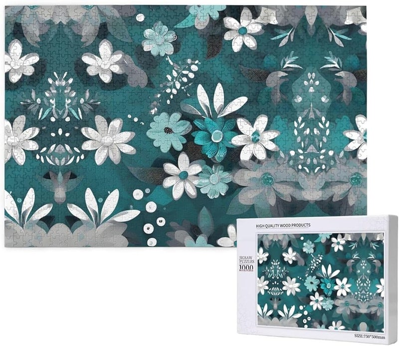 Phayah 1000 Piece Teal Grey White Floral Jigsaw Puzzle For Adults Home Decor 29 5 X 19 7 - Image 1